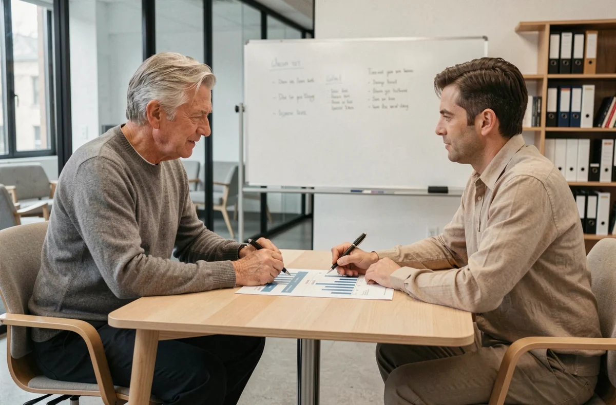 Investisseur et conseiller financier discutant d'une souscription à une SCPI comme Corum Eurion