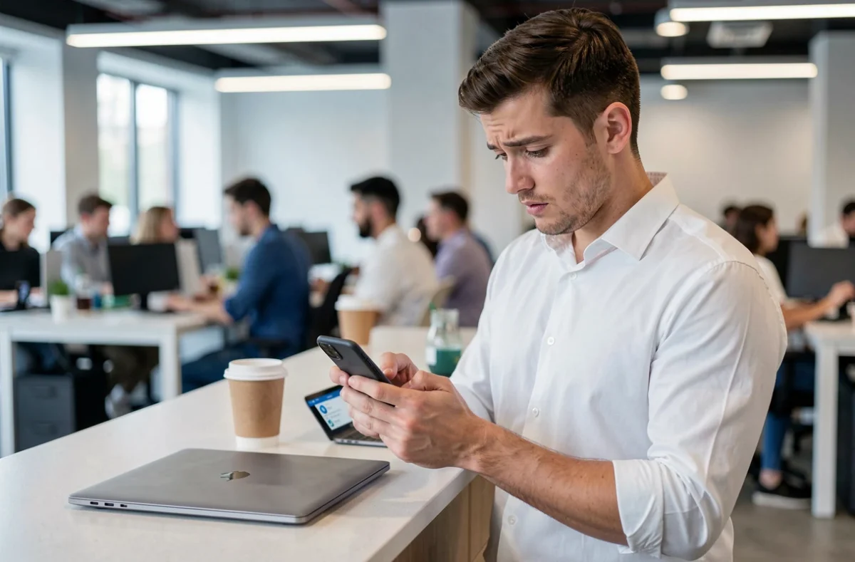 Jeune actif consultant une application bancaire Flex LCL sur son smartphone dans un espace de coworking