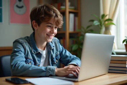 Adolescent souriant utilisant une application bancaire sur son ordinateur