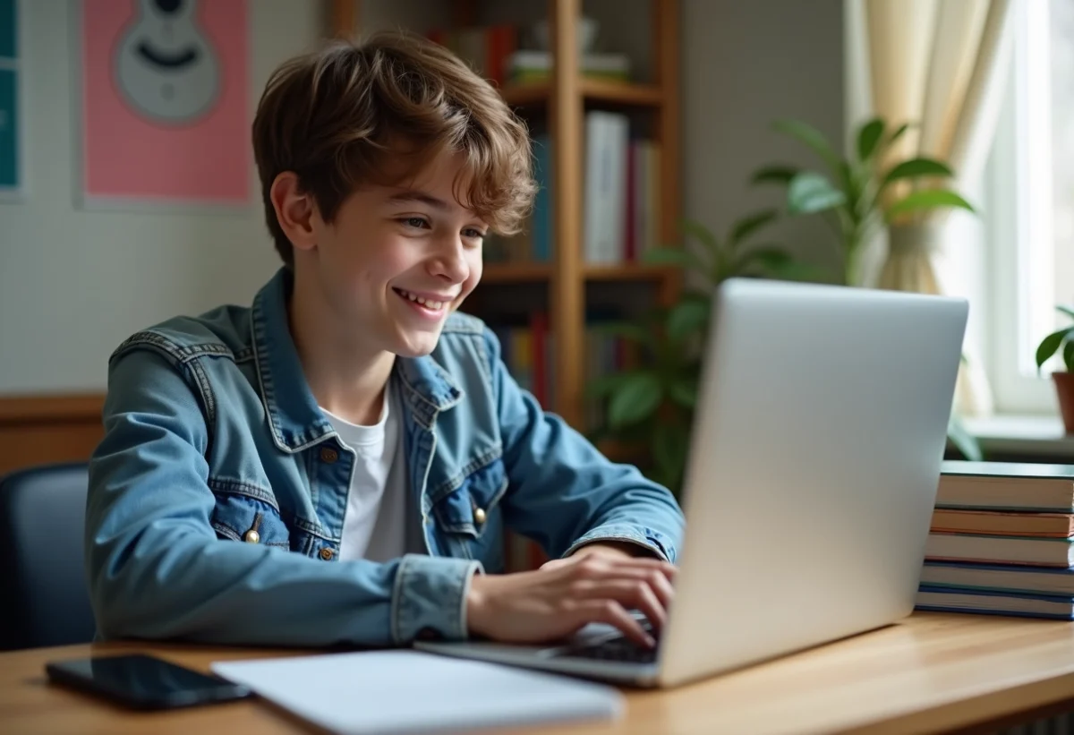 Adolescent souriant utilisant une application bancaire sur son ordinateur