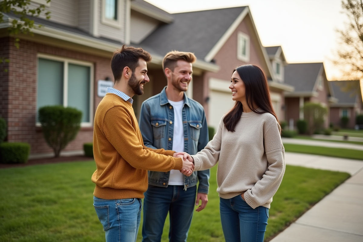 Jeune couple souriant devant une maison à vendre avec agent immobilier