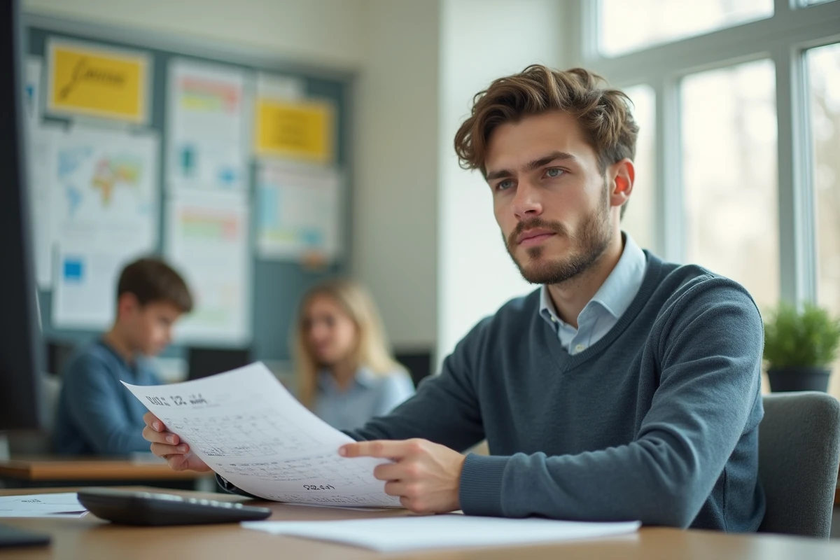 Jeune enseignant concentré avec calendrier dans une salle de classe