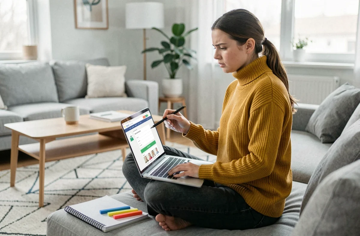 Jeune enseignante utilisant un simulateur de salaire en ligne sur son canapé pour optimiser la gestion de son budget mensuel