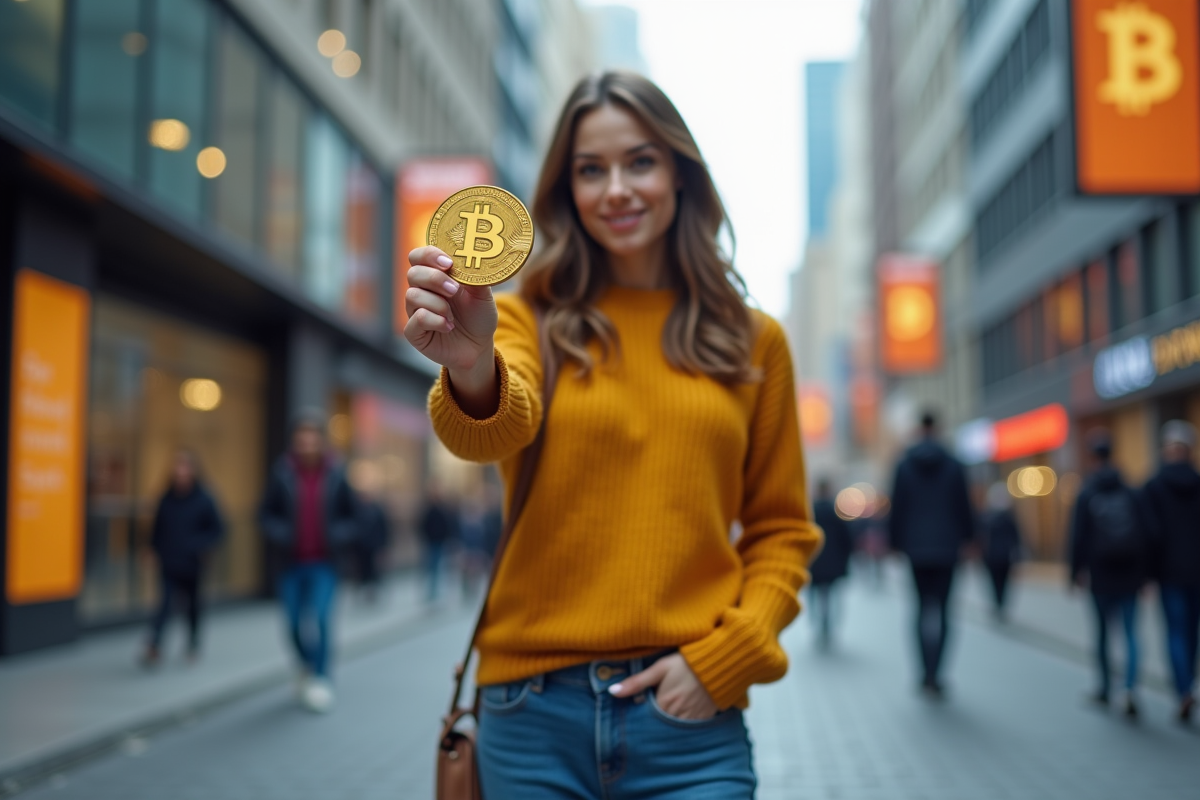 Jeune femme tenant une pièce Bitcoin dans une rue urbaine