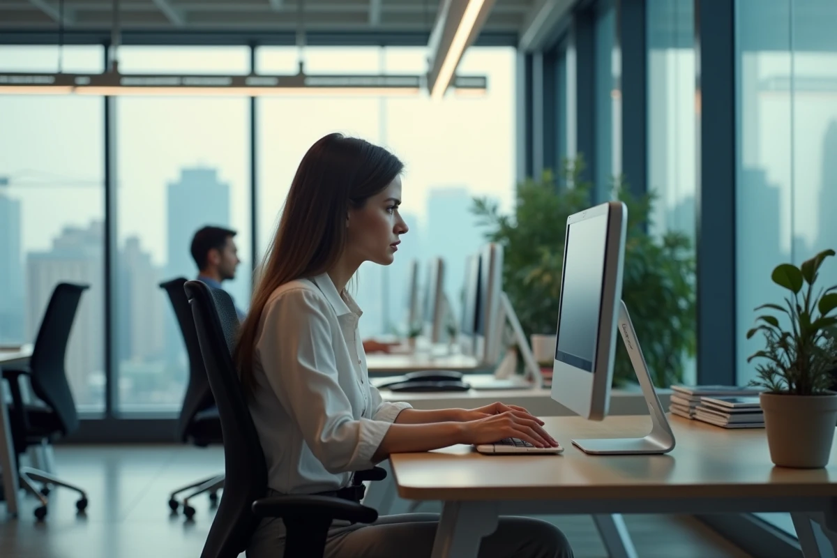 Jeune femme au bureau regardant son écran d
