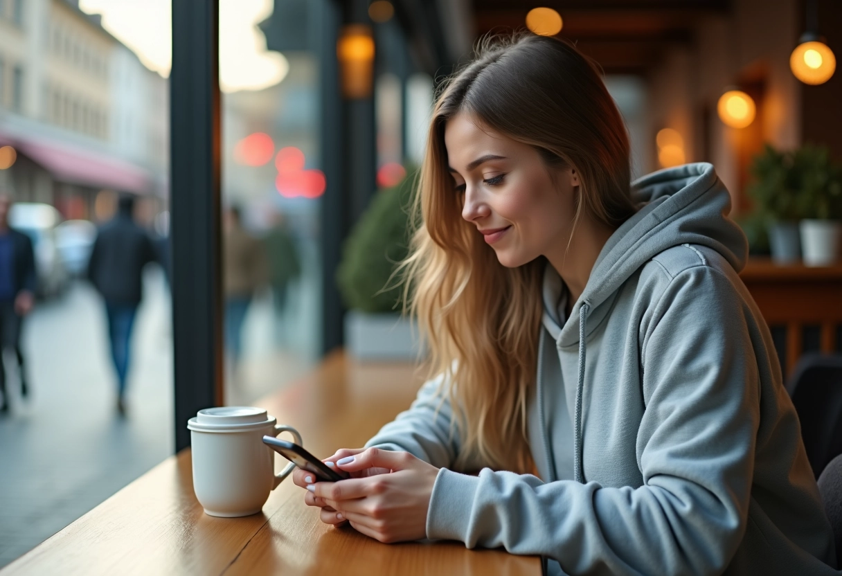 Jeune femme dans un café utilisant sa carte bancaire et son smartphone