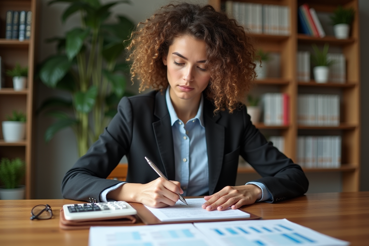 Jeune femme faisant des calculs avec un carnet et documents