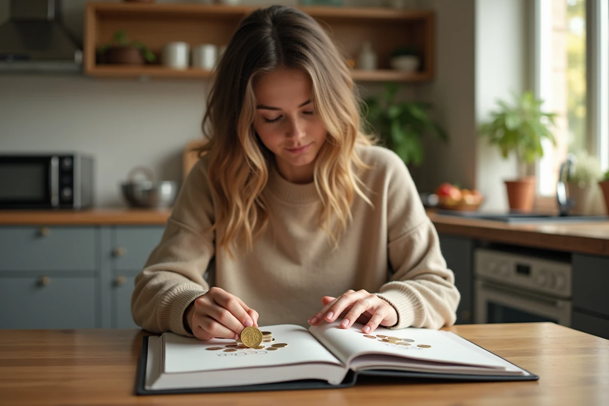 Jeune femme plaçant une pièce de 2 euros dans un album dans la cuisine