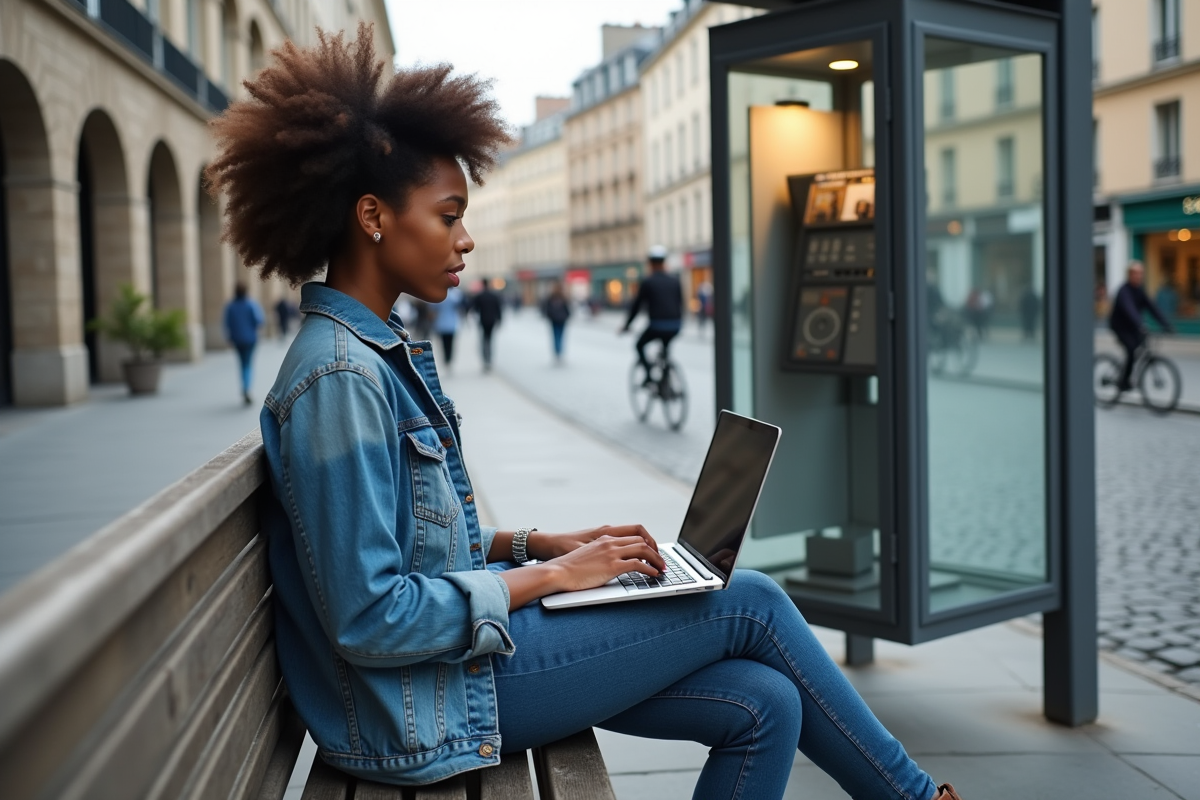 Jeune femme travaillant sur un ordinateur en extérieur