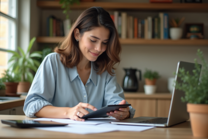 Jeune femme souriante à la maison avec papiers et ordinateur