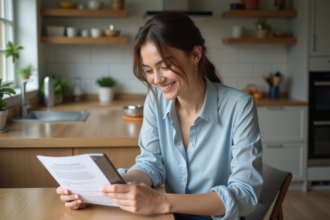 Jeune femme souriante examine un document avec son smartphone