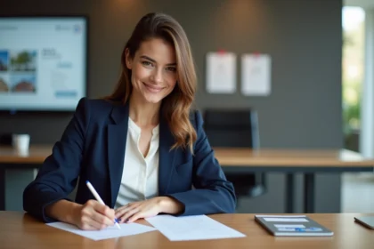 Jeune femme signant un papier de prêt immobilier dans une banque