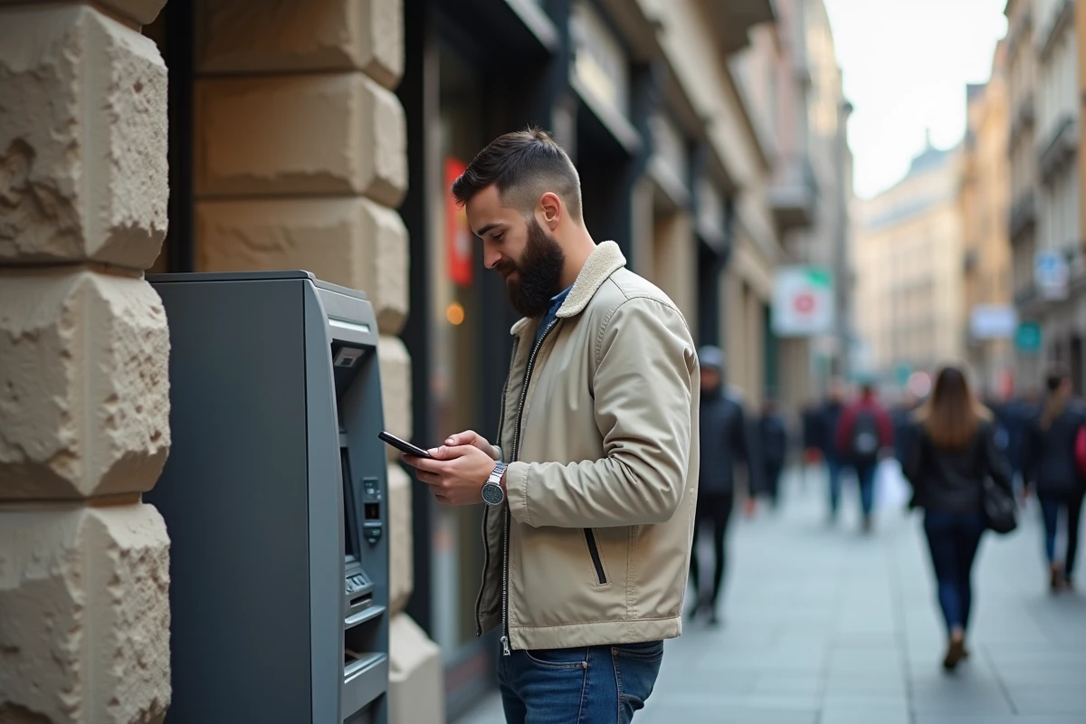 Jeune homme utilisant un distributeur automatique en ville