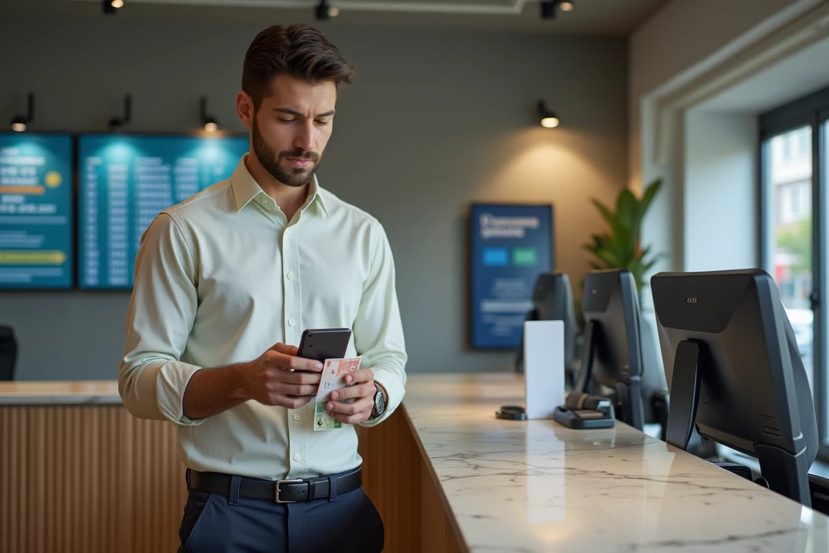 Jeune homme utilise smartphone pour convertir devises en banque