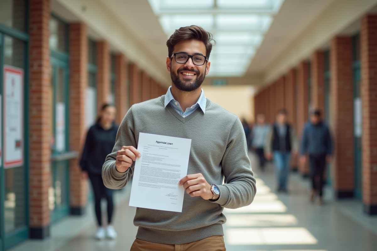 Jeune homme dans un couloir universitaire avec document approuve