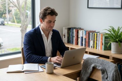 Jeune homme concentré travaillant sur son ordinateur dans un bureau moderne