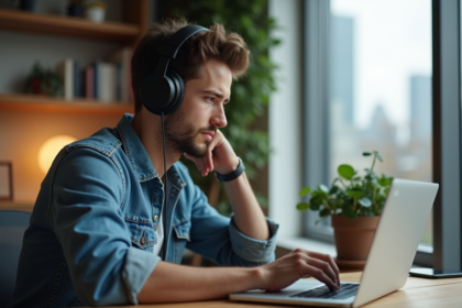 Jeune homme concentré avec casque et ordinateur à la maison