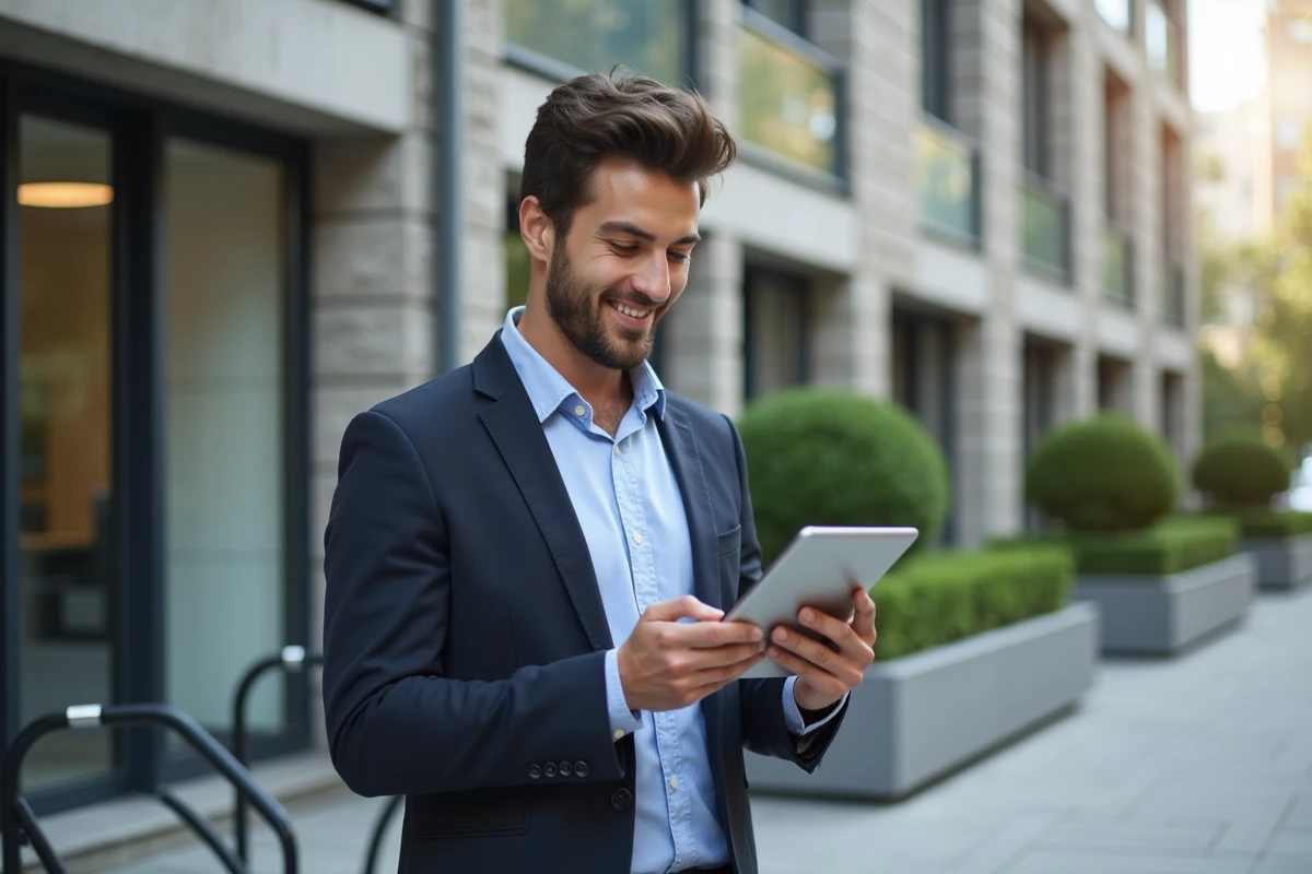 Jeune homme souriant consulte une notification sur sa tablette en extérieur