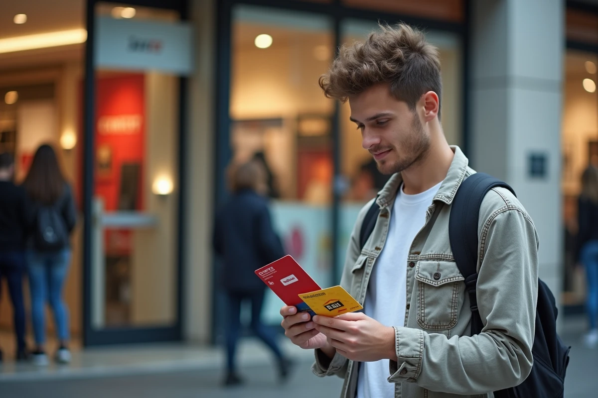 Jeune homme regardant un bon Kadéos dans un centre commercial animé