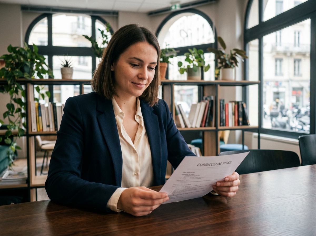 Jeune femme professionnelle examinant un CV dans un espace de coworking