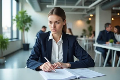 Jeune femme professionnelle en début de carrière examinant son contrat de salaire dans un bureau moderne suisse