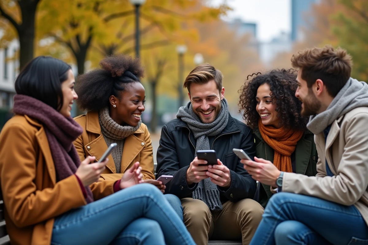 Groupe de jeunes discutant dans un parc urbain