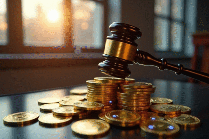 Marteau de juge frappant des pièces de cryptomonnaie en or et argent