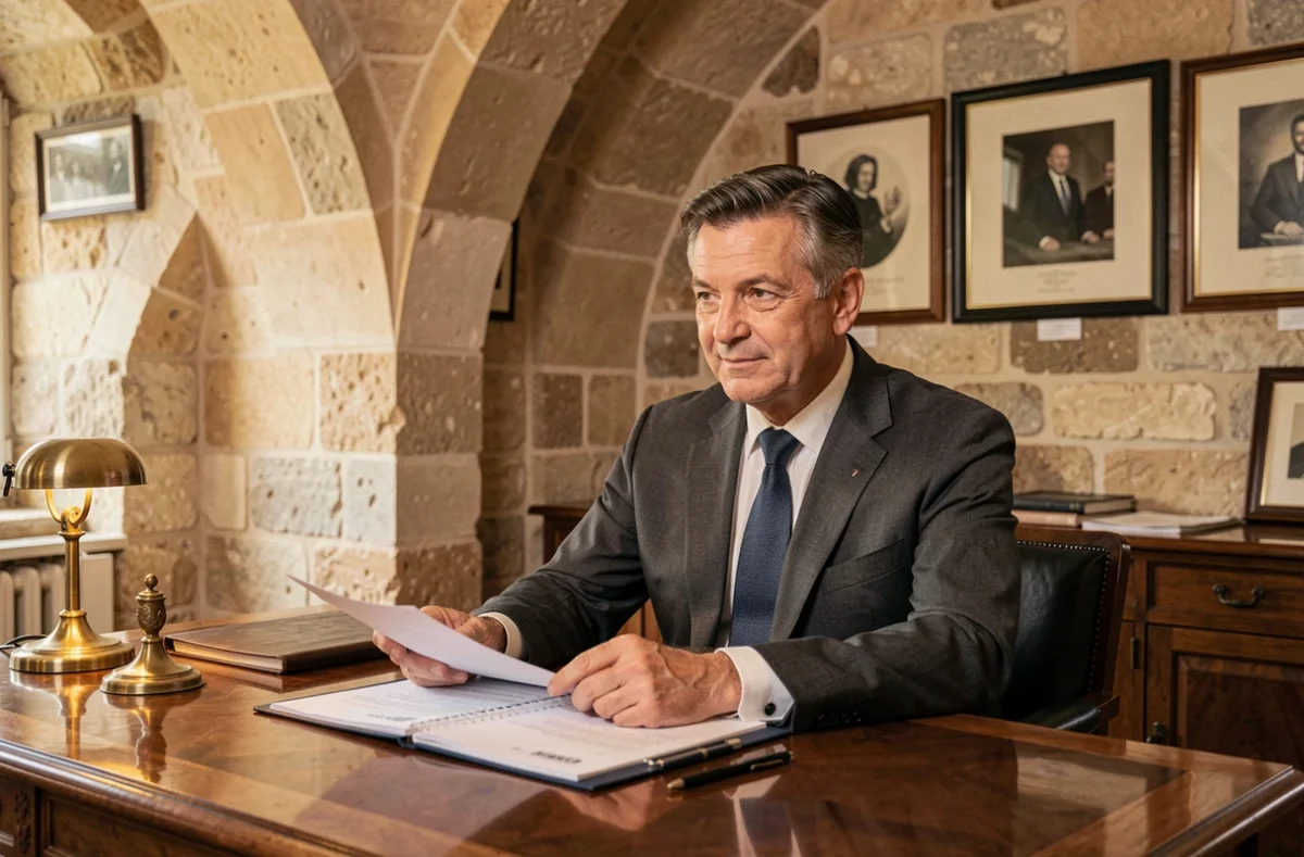 Conseiller en gestion de patrimoine du Conservateur installé dans un bureau classique aux murs en pierre à Avignon