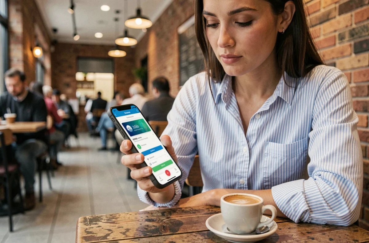 Jeune femme consultant son espace Logitelnet Société Générale depuis son smartphone dans un café urbain