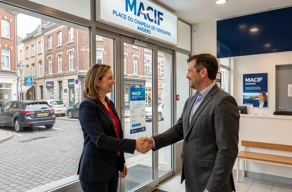 Agente MACIF Assurances accueillant un client à l'agence Place du Chapeau de Gendarme à Angers