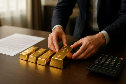 Main posant des barres d or sur un bureau moderne