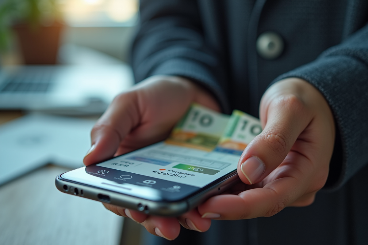 Mains tenant coffre-fort avec billets euros et smartphone Degiro visible