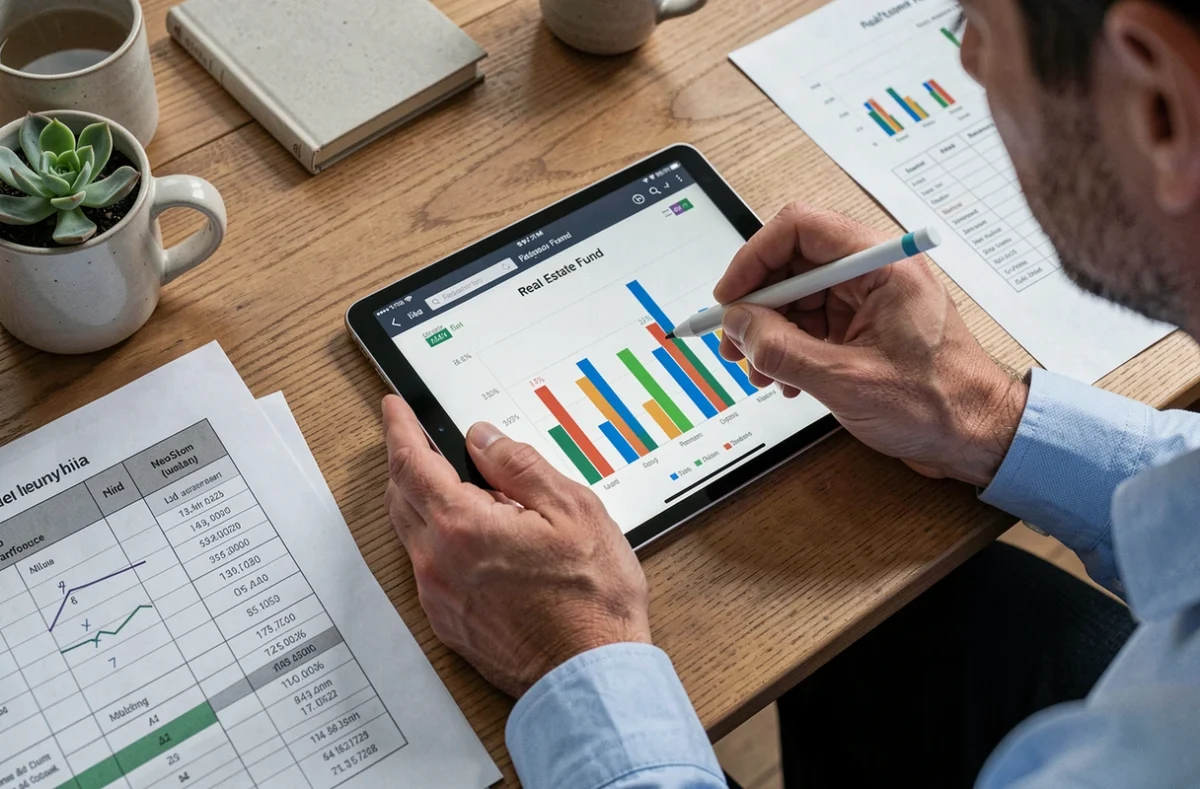 Mains d'un investisseur annotant des données de rendement d'une SCPI sur tablette numérique