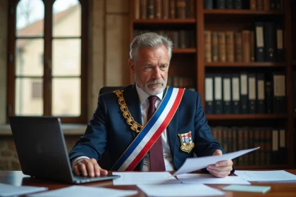 Maire en écharpe tricolore assis à son bureau de l'hôtel de ville examinant des documents officiels
