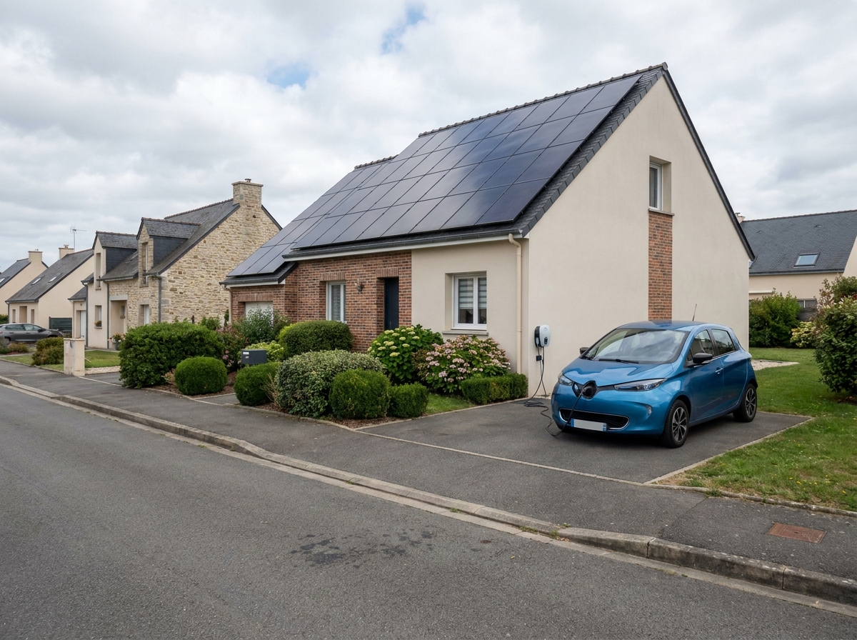 Maison individuelle équipée de panneaux solaires sur le toit avec une voiture électrique en charge dans l'allée