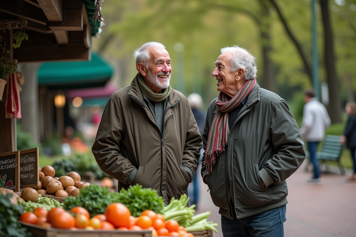 Deux retraités vendant des légumes au marché en ville