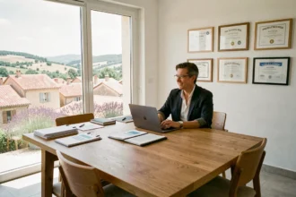 Conseiller financier en Provence-Alpes-Côte d'Azur en réunion avec un client dans un bureau moderne avec vue sur les toits provençaux
