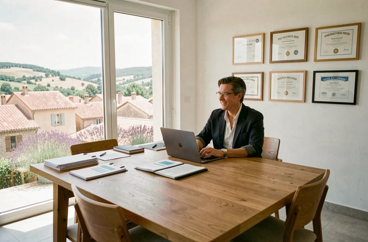 Conseiller financier en Provence-Alpes-Côte d'Azur en réunion avec un client dans un bureau moderne avec vue sur les toits provençaux