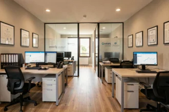 Vue d'ensemble d'un cabinet de courtage en assurance en Maine-et-Loire avec bureaux professionnels et documents d'assurance