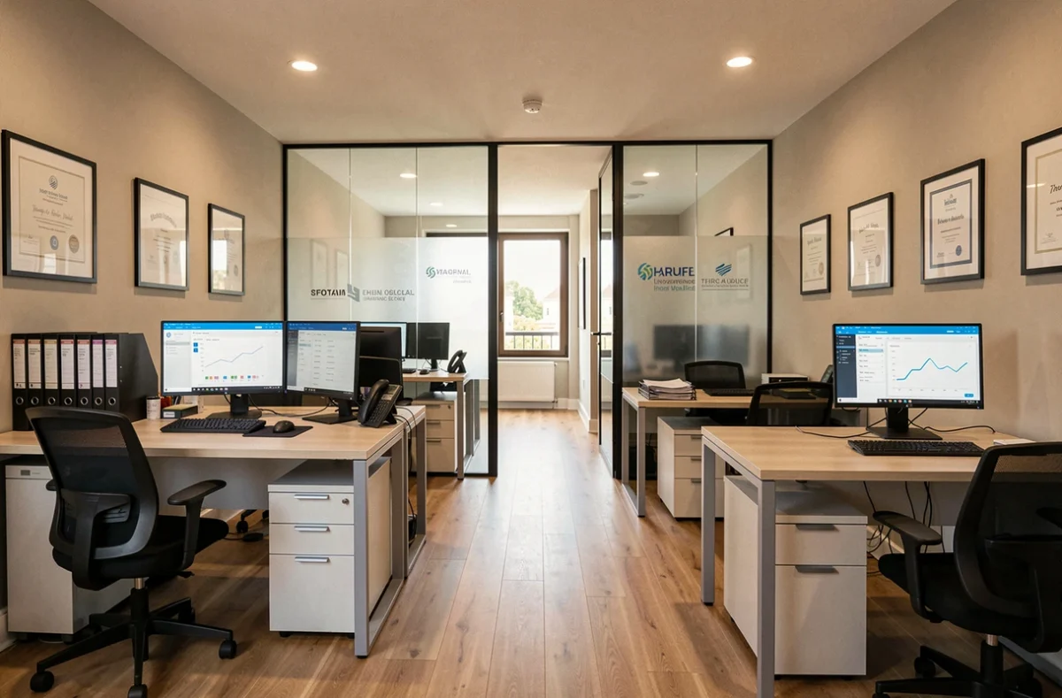 Vue d'ensemble d'un cabinet de courtage en assurance en Maine-et-Loire avec bureaux professionnels et documents d'assurance