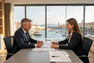 Courtier en crédit immobilier dans les Bouches-du-Rhône consultant un couple pour un prêt immobilier avec vue sur Marseille