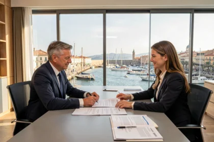 Courtier en crédit immobilier dans les Bouches-du-Rhône consultant un couple pour un prêt immobilier avec vue sur Marseille