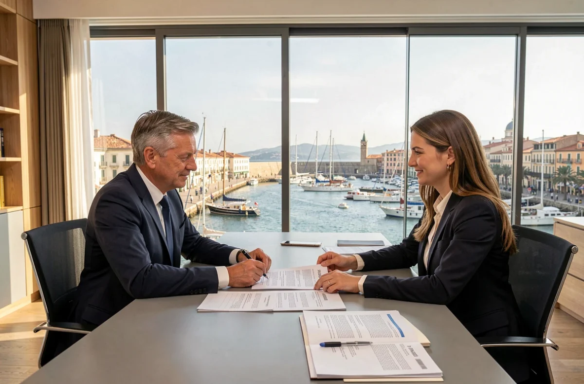 Courtier en crédit immobilier dans les Bouches-du-Rhône consultant un couple pour un prêt immobilier avec vue sur Marseille