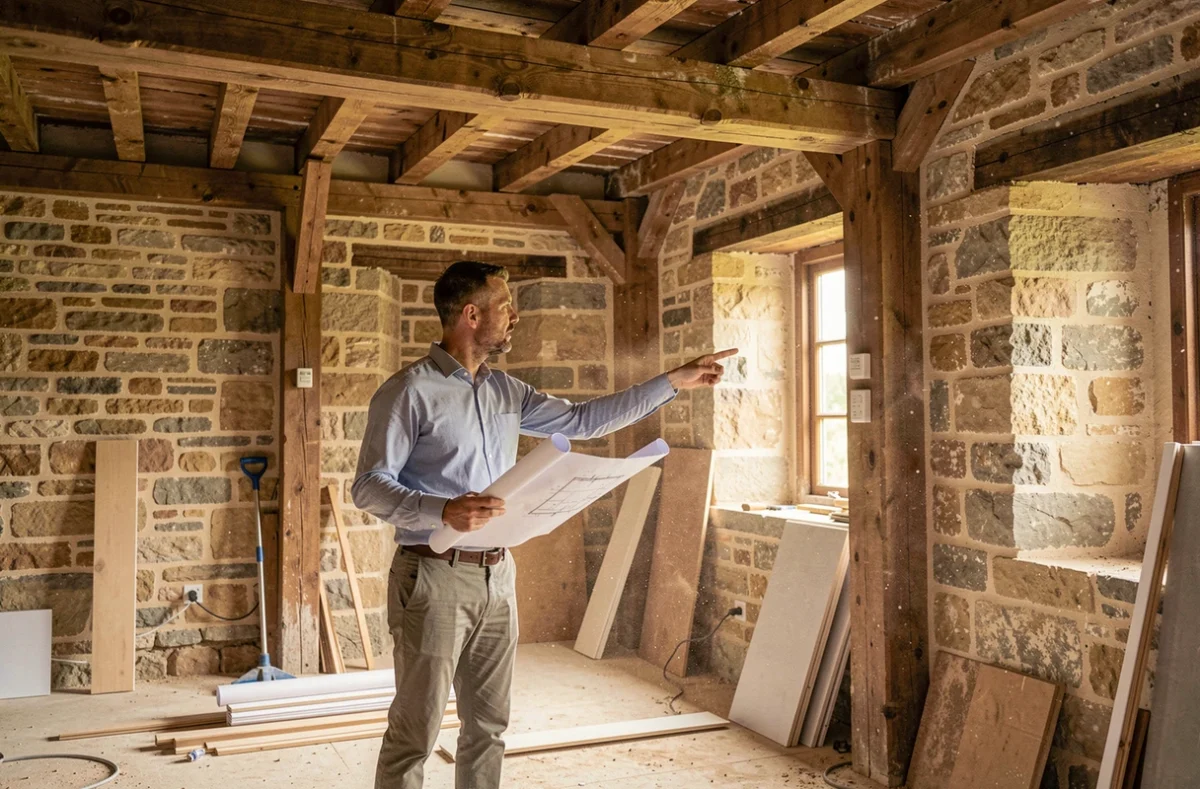 Consultant Montclair présentant un projet d'investissement locatif clé en main dans un immeuble ancien normand en rénovation