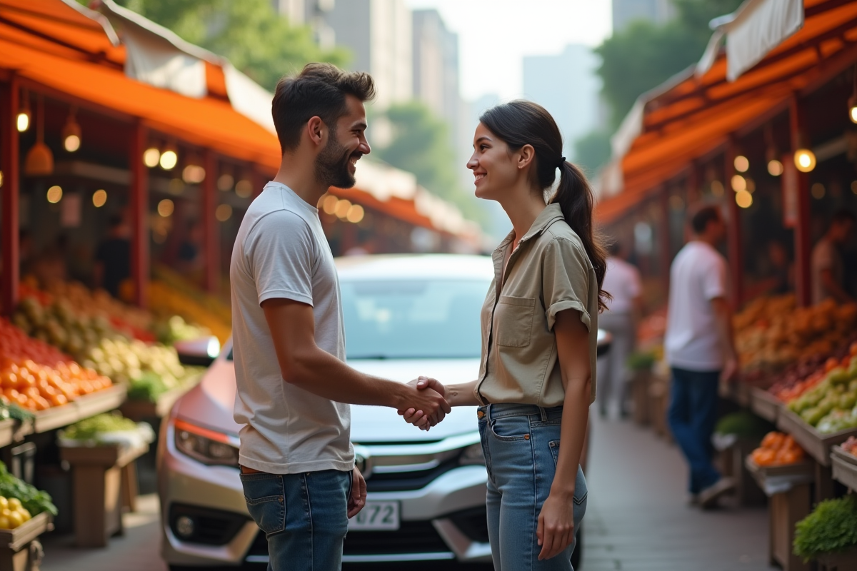 Deux personnes souriantes négociant au marché en plein air