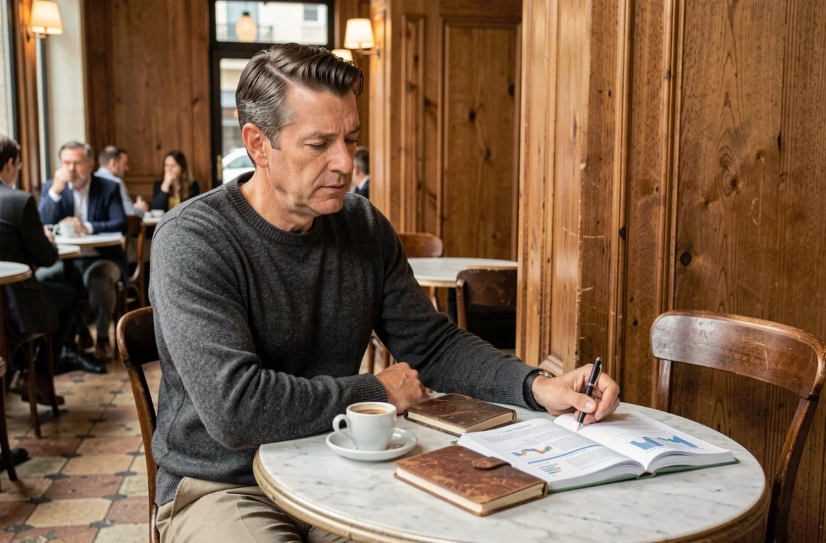 Homme pensif dans un café parisien prenant des notes sur ses priorités entre fortune personnelle et liberté financière