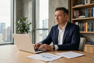 Homme d'affaires réfléchi assis à un bureau moderne contemplant la liberté financière et la fortune