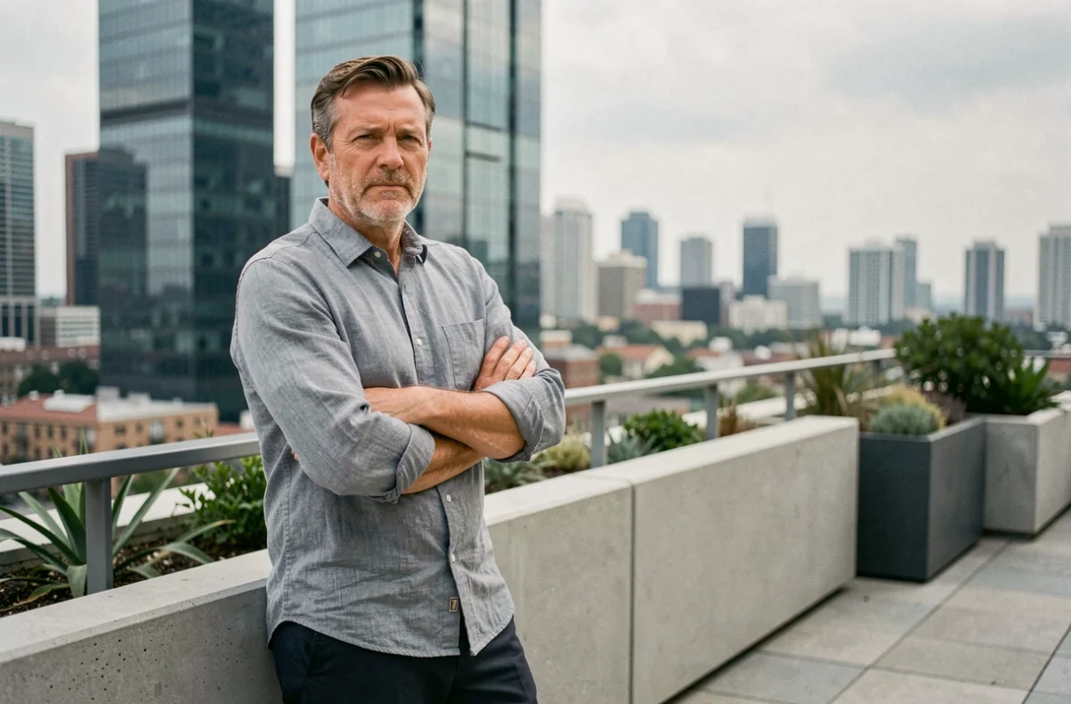Entrepreneur en plein air sur une terrasse urbaine méditant sur l'équilibre entre richesse et indépendance financière