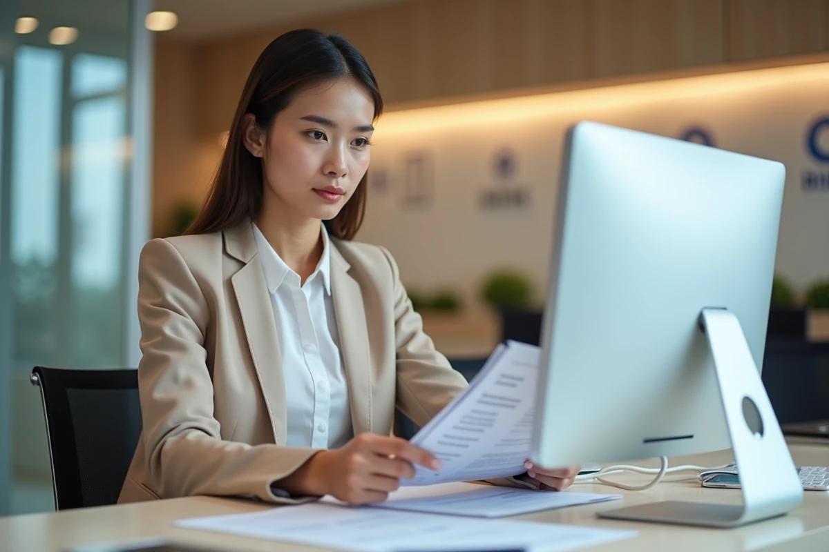 Jeune femme activant son identifiant La Poste Banque avec des documents de compte dans une agence postale