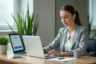 Femme auto-entrepreneuse effectuant un paiement en ligne sur le site de l'URSSAF depuis son bureau à domicile